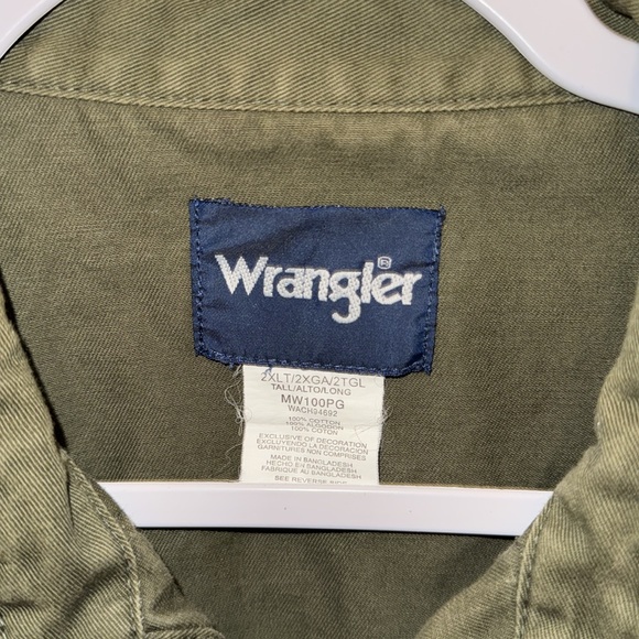 Wrangler Shirt Pearl Snap Army Green size 2XL Tall Heavy Cottom/Canvas Like - Picture 2 of 5